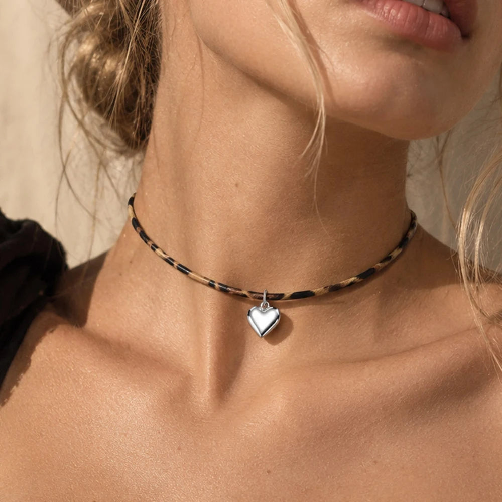 Women's Stainless Steel Heart Leopard Print Choker Necklace Choker Necklace SPOT