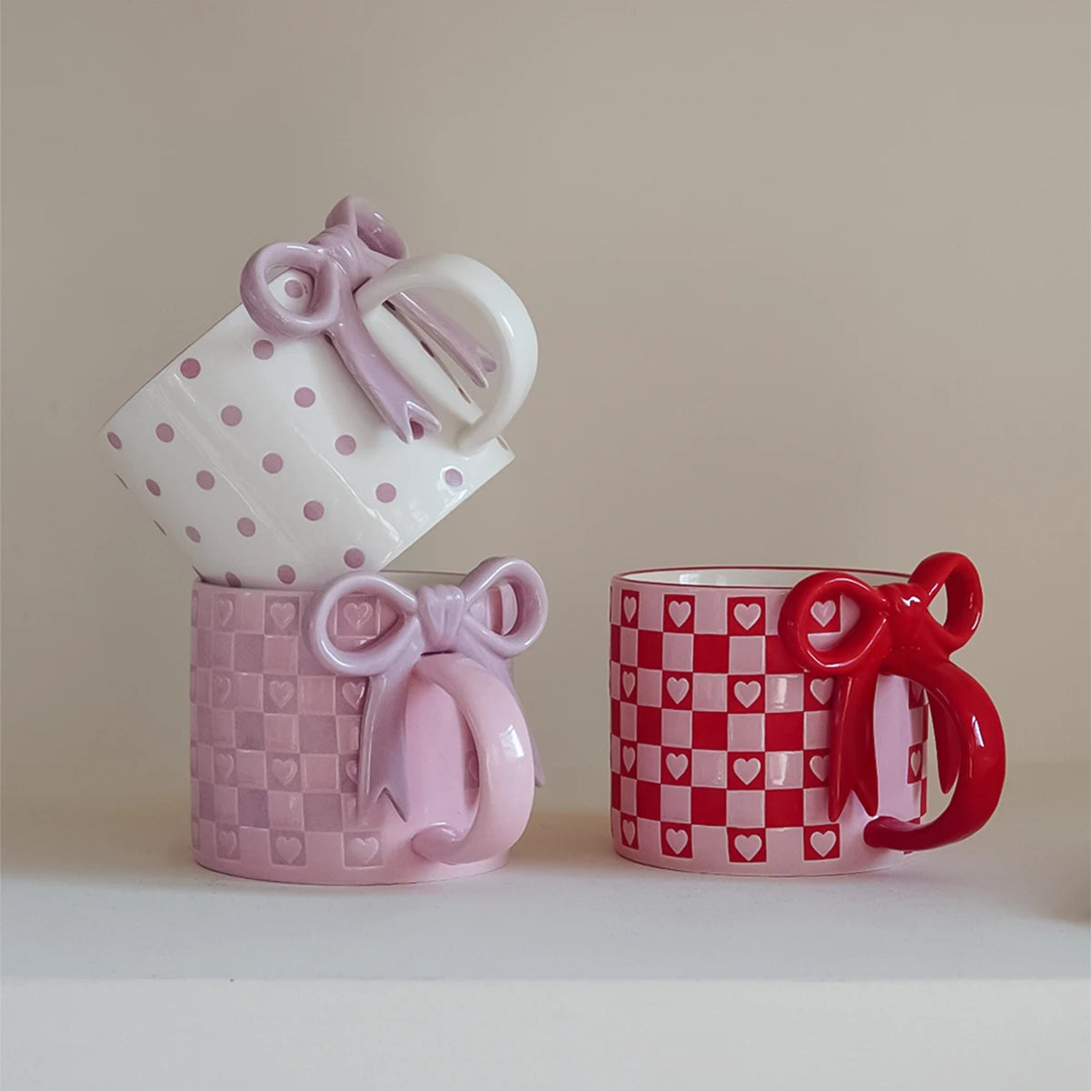 Ceramic Mug with Bowknot Handle & Heart Checkerboard Design Ceramic Coffee Mug SPOT