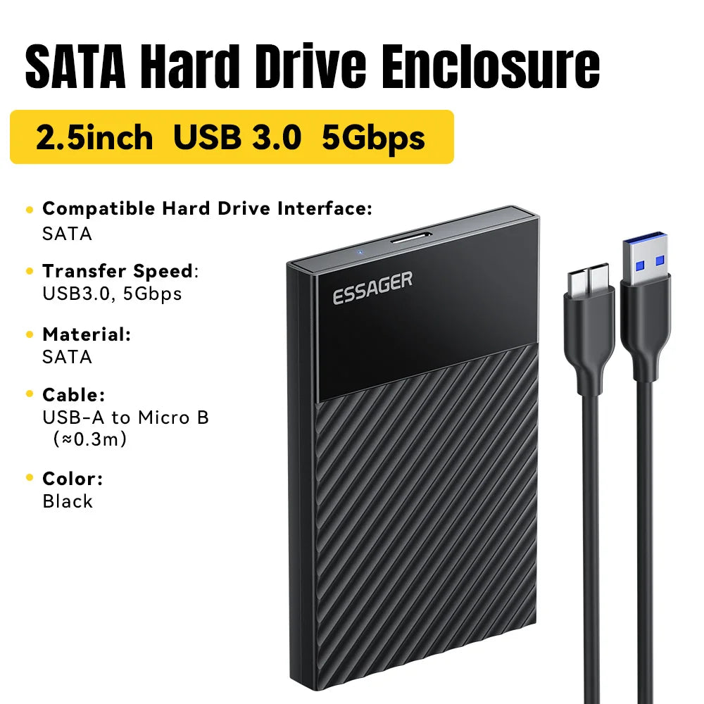 Essager 2.5" USB 3.0 SSD HDD Enclosure – UASP, 5Gbps HDD SSD Enclosure SPOT Black