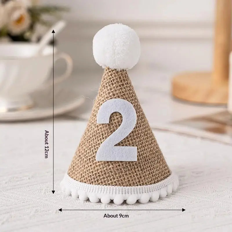 Kids Burlap Birthday Cone Hat – Pom Pom Fringe Party Hat Kids Party Hat SPOT A2