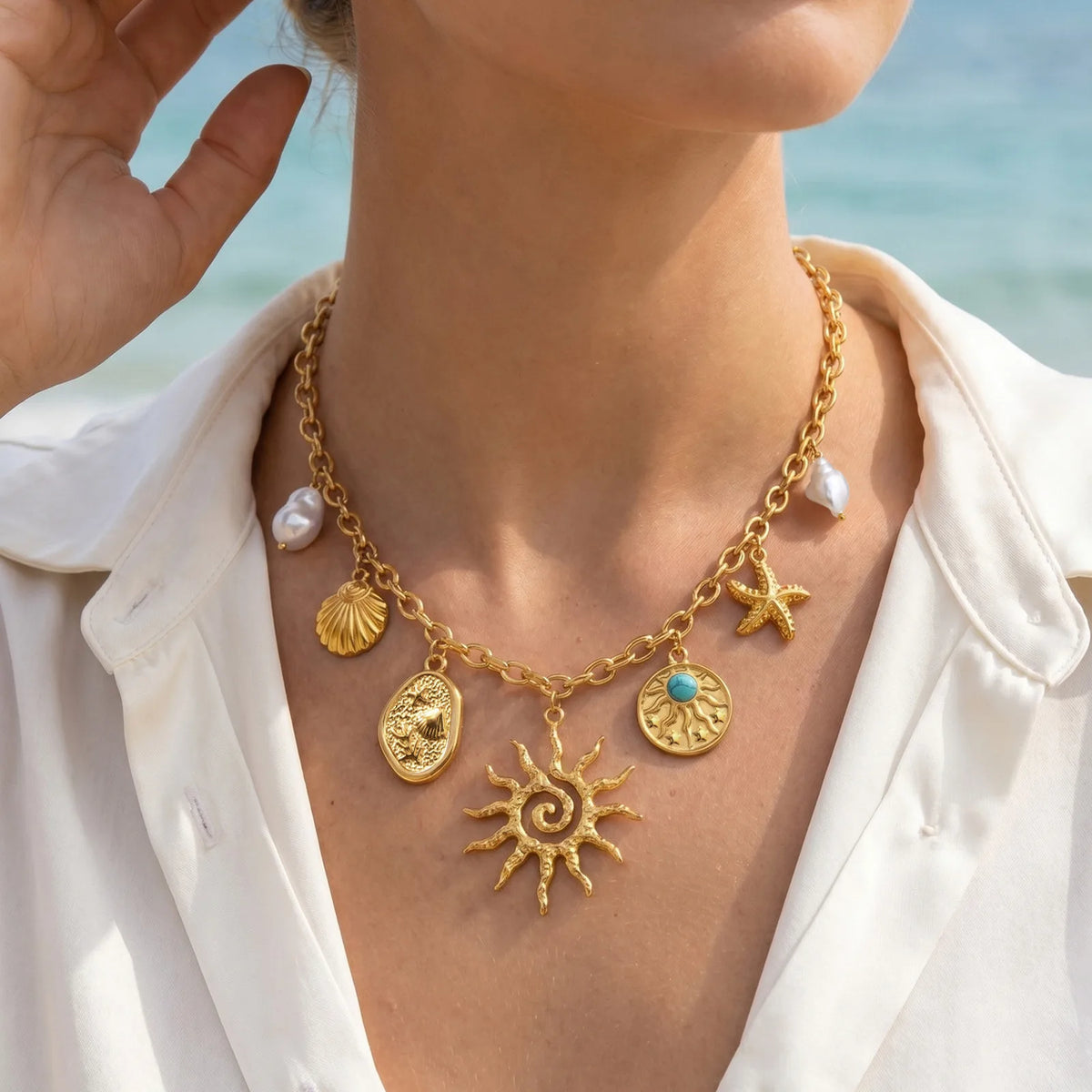 18K Gold Sun Pendant Necklace – Baroque Pearl, Waterproof Steel Pendant Necklace SPOT