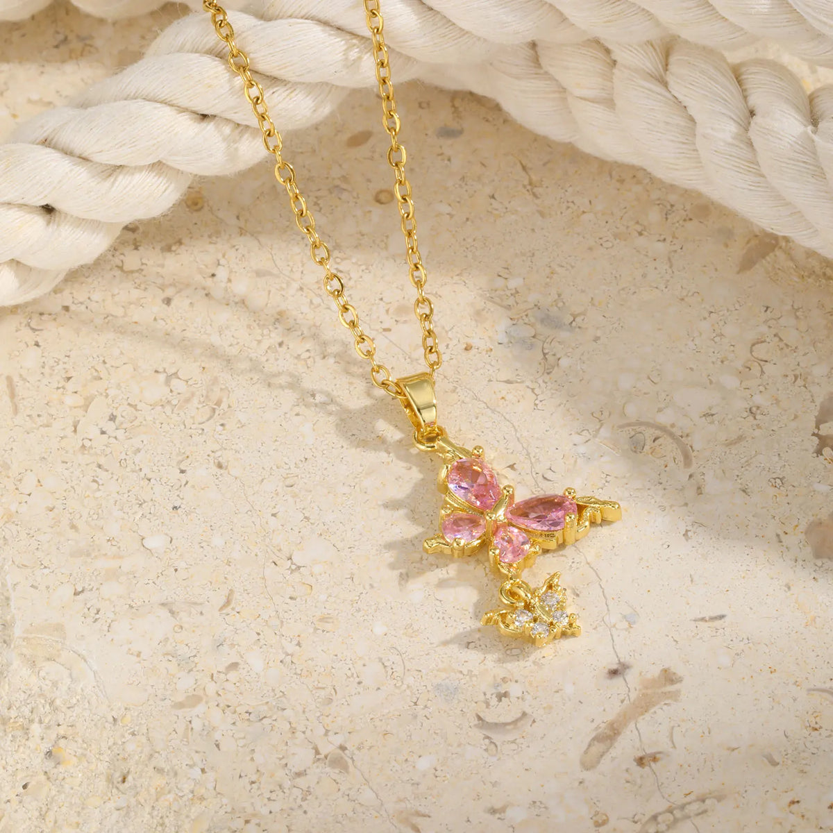 Double Butterfly Necklace – 18K Gold Plated Pink CZ Pendant Pendant Necklace SPOT