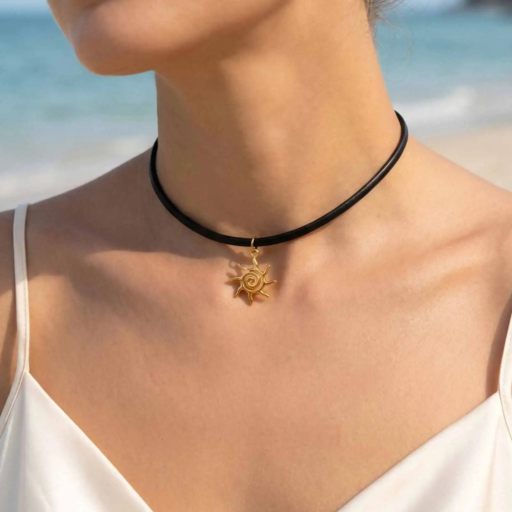 Gothic PU Leather Choker – Gold Sun Pendant Women's Necklace Choker Necklace SPOT