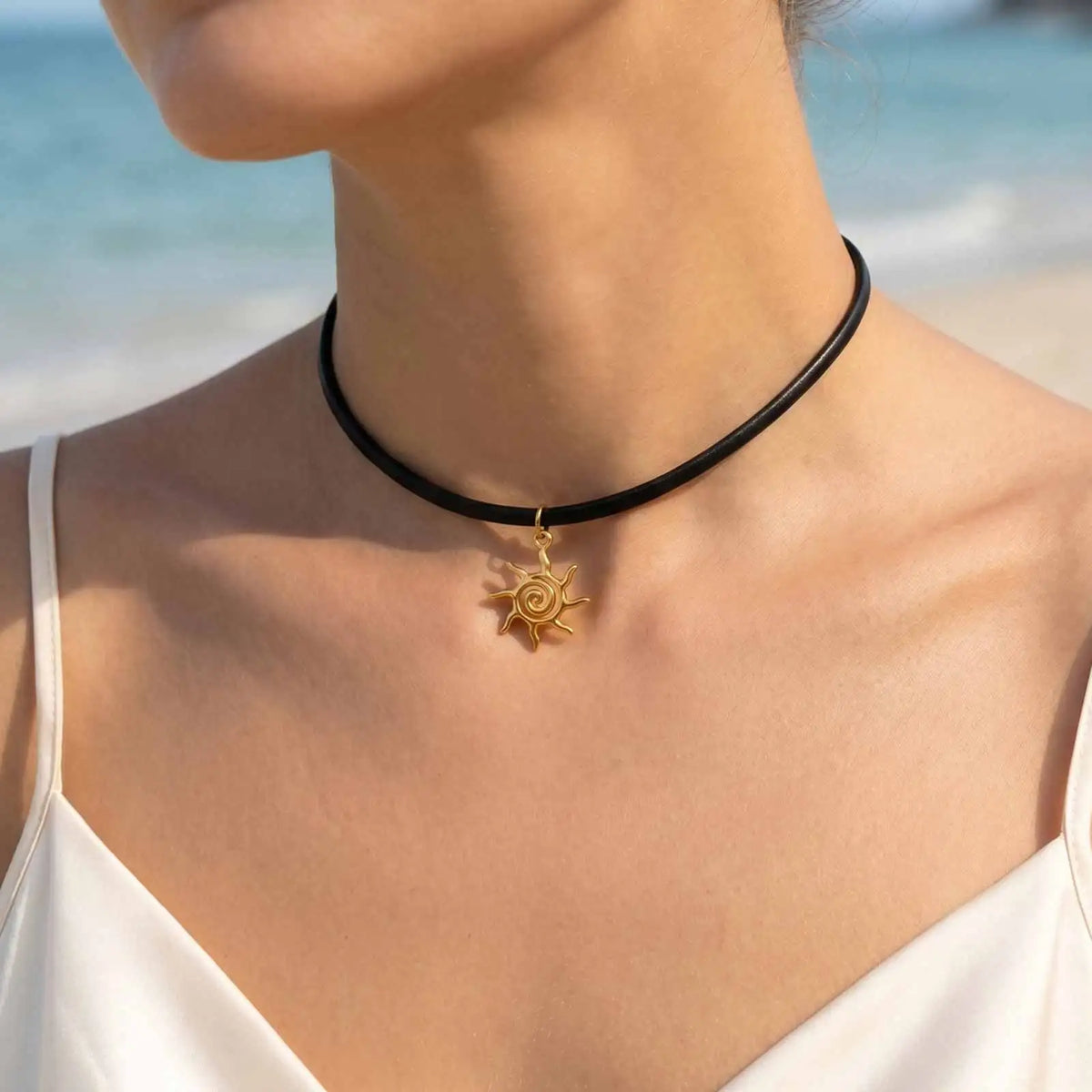 Gothic PU Leather Choker – Gold Sun Pendant Women's Necklace Choker Necklace SPOT