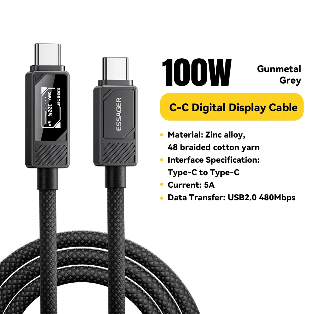 ESSAGER 100W USB-C Cable with LED Display – PD Fast Charging USB-C Charging Cable SPOT 100W C To C Black 2m