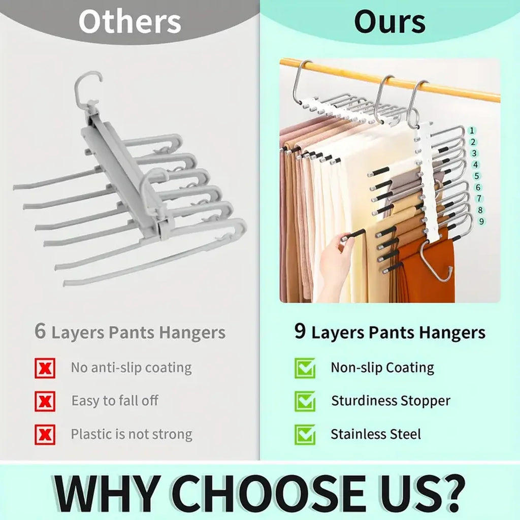 9-Layer Pants Hanger Non-Slip Stainless Steel Space-Saving Rack Pants Hanger Rack SPOT