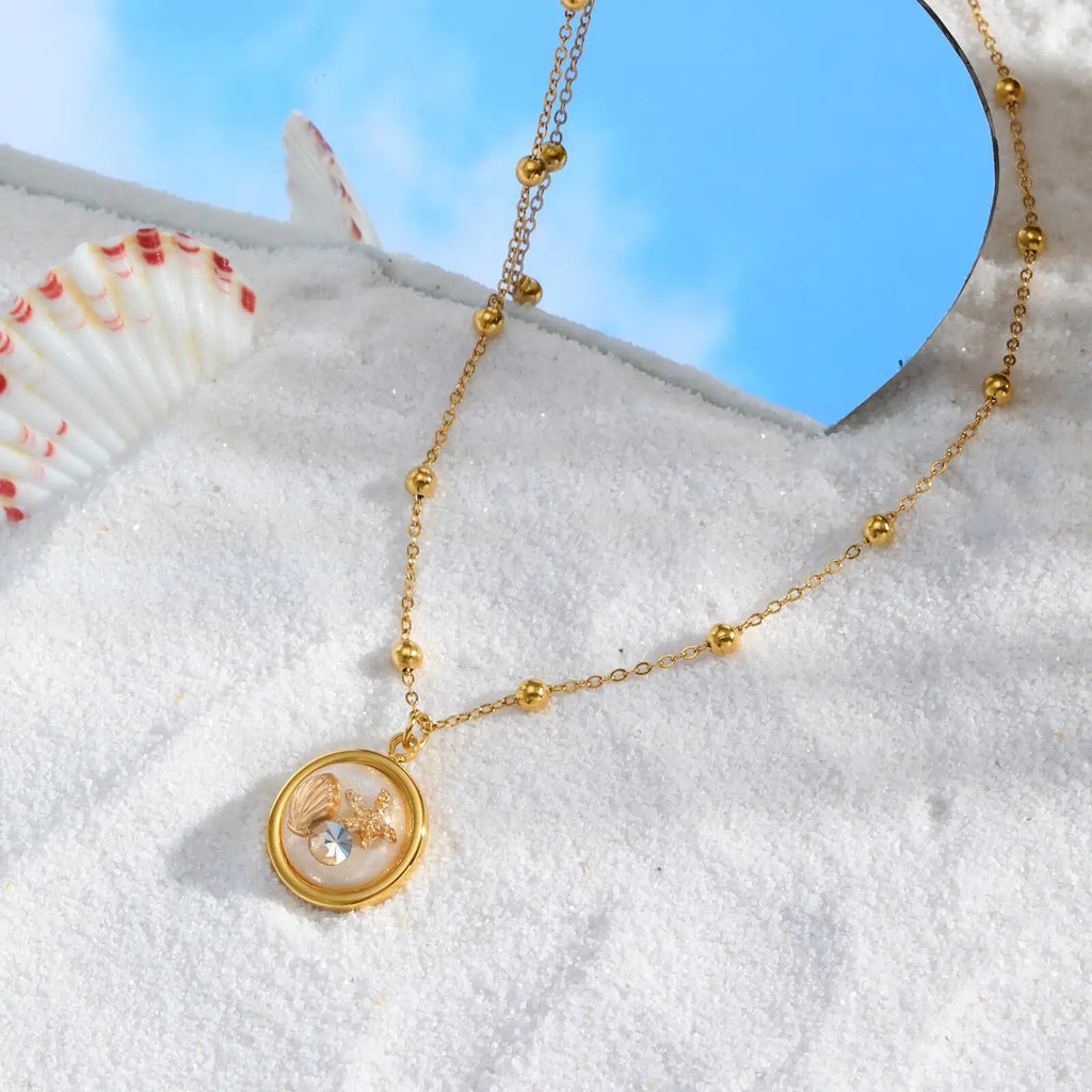 Round Zirconia Shell Pendant Necklace – Waterproof Gold Chain Pendant Necklace SPOT