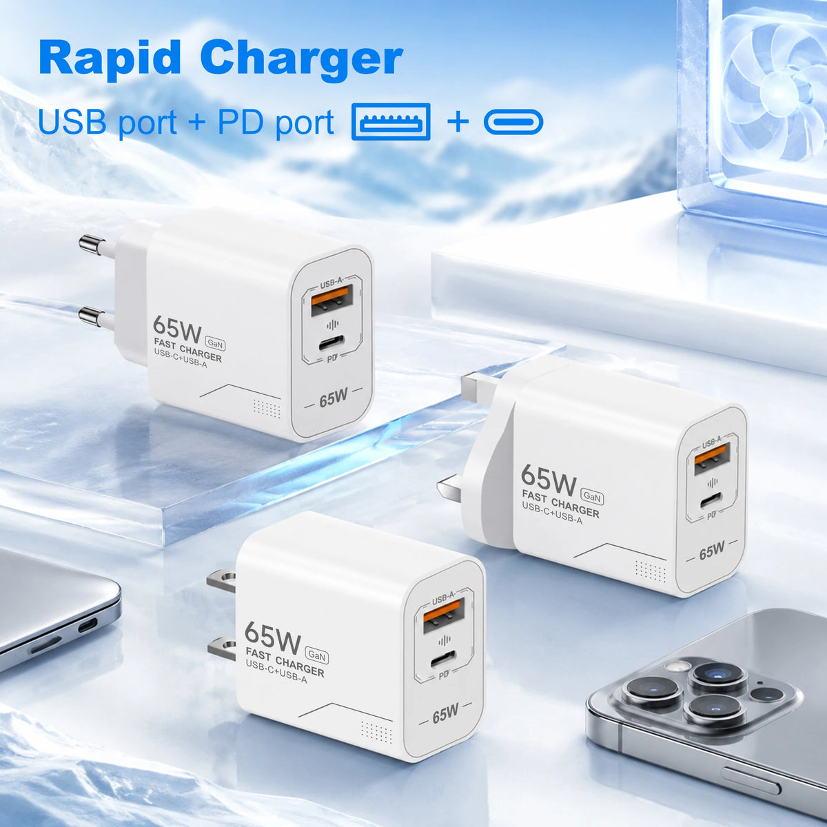 65W GaN Charger Dual USB-A & USB-C Fast Charging Wall Plug GaN Wall Charger SPOT