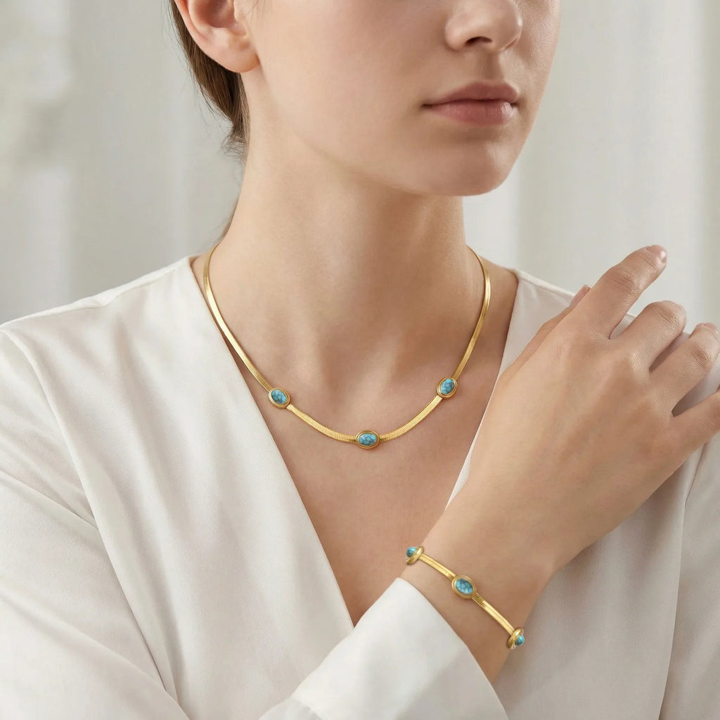 Herringbone Bracelet – Stainless Steel & Natural Turquoise Fashion Bracelet SPOT