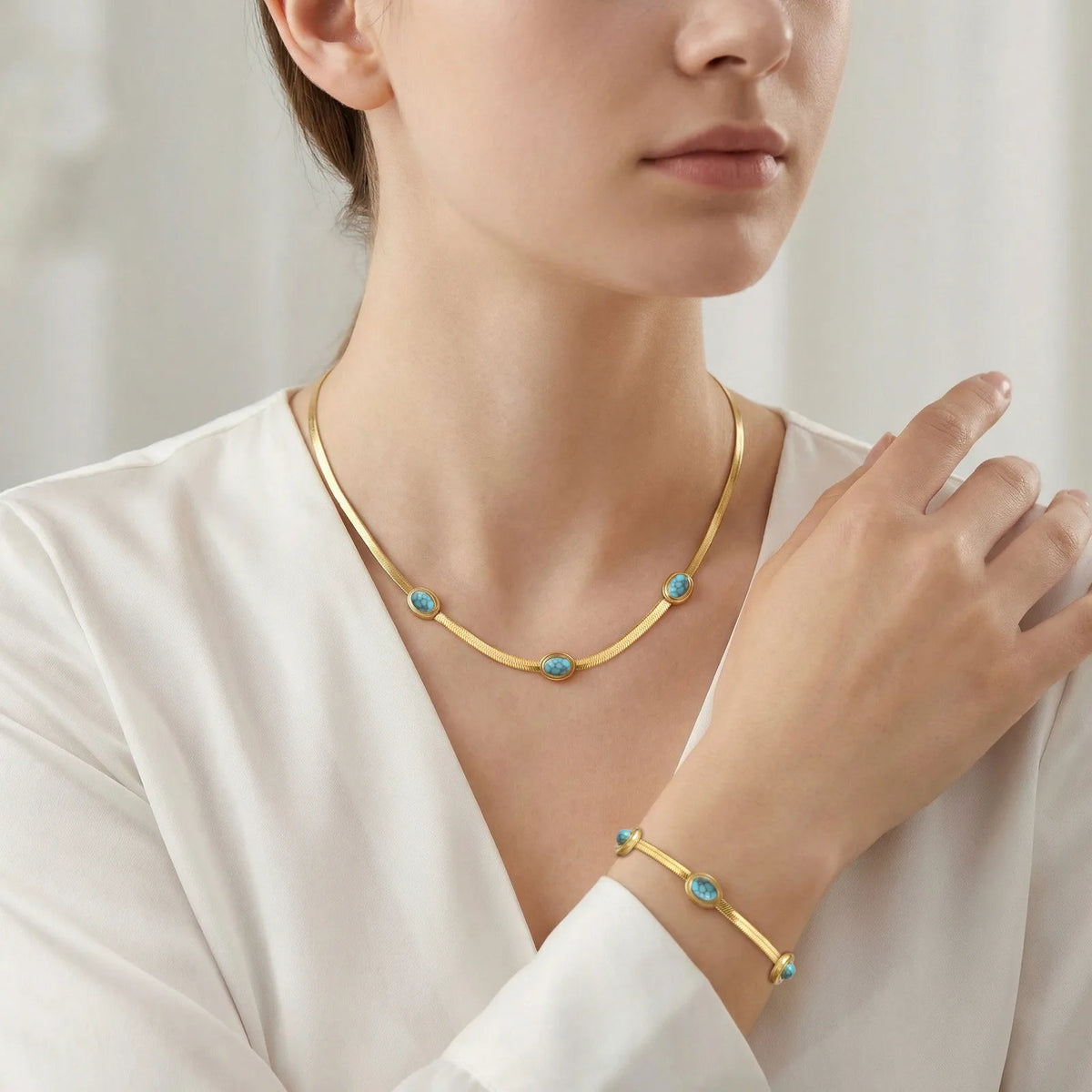 Herringbone Bracelet – Stainless Steel & Natural Turquoise Fashion Bracelet SPOT