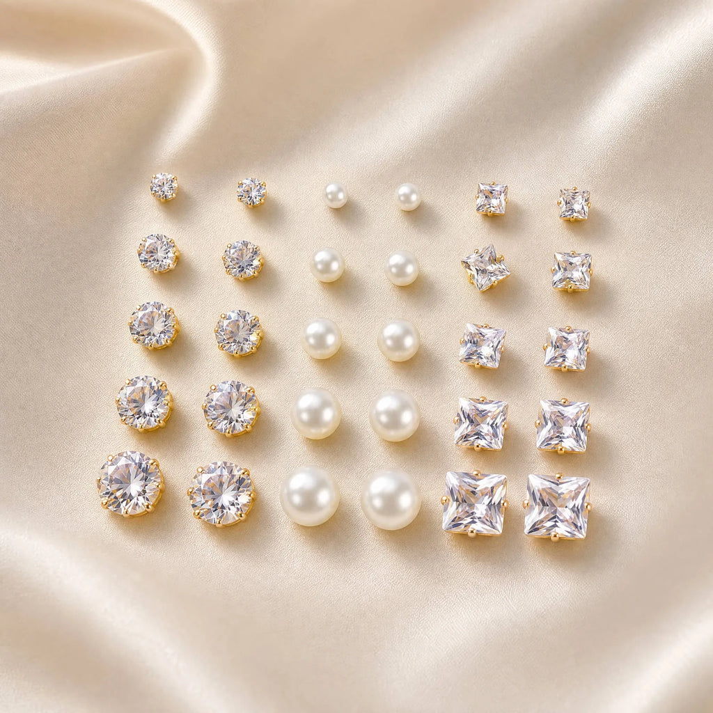 15-Pair Gold Stud Earrings Set – CZ & Faux Pearl for Women Stud Earrings Set SPOT Default Title