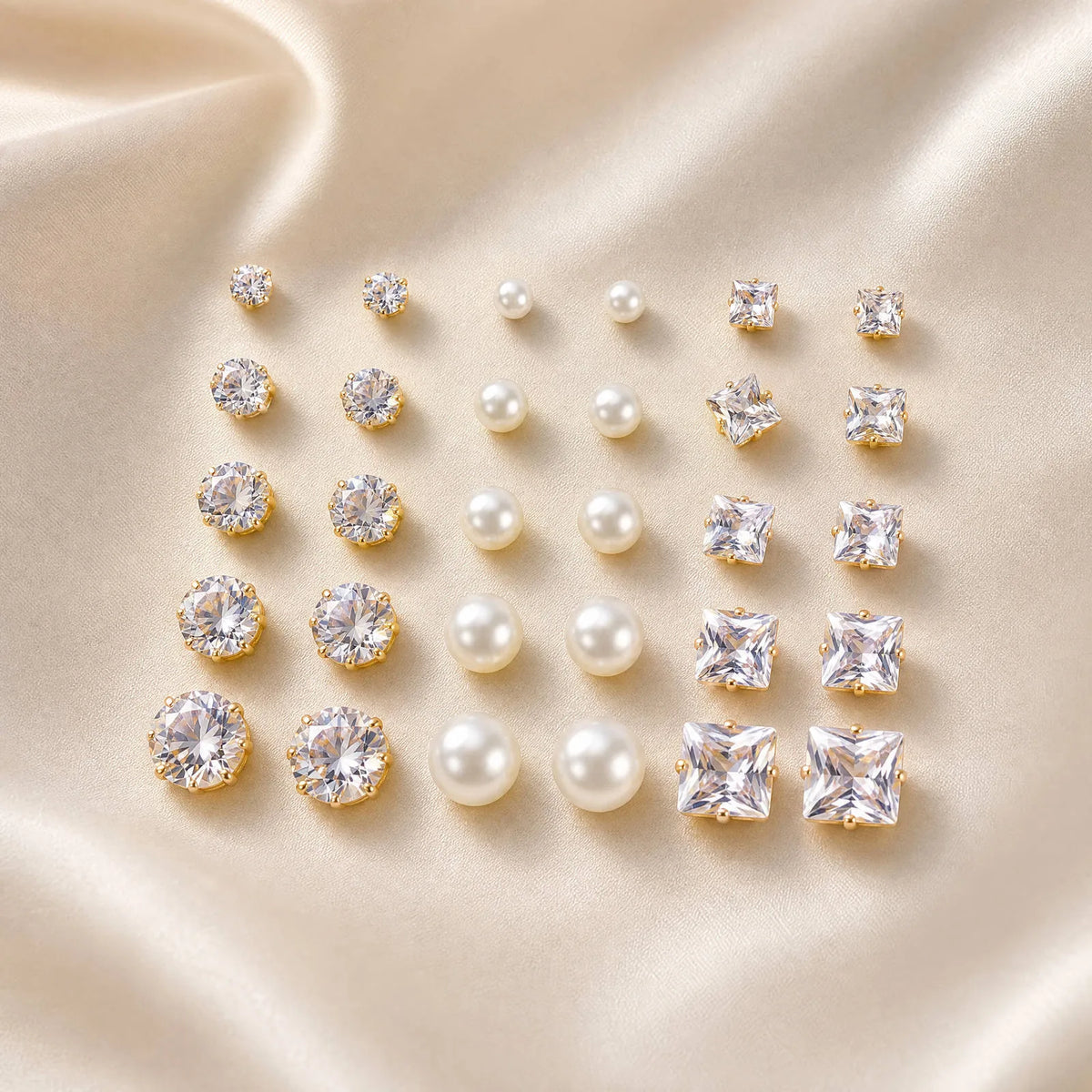 15-Pair Gold Stud Earrings Set – CZ & Faux Pearl for Women Stud Earrings Set SPOT Default Title
