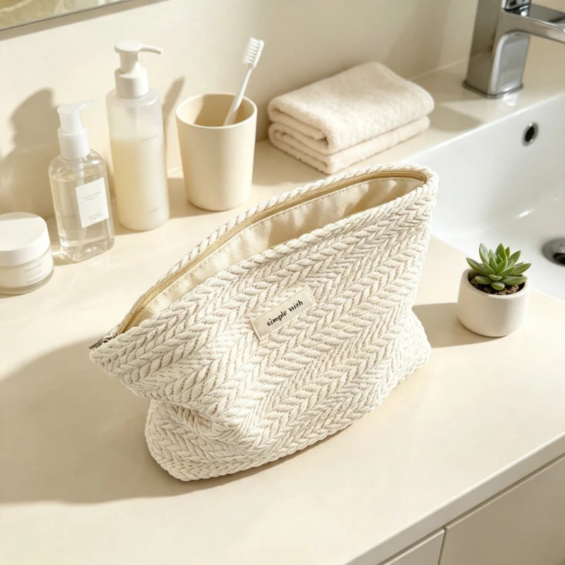 Woven Cosmetic Bag – Rice Grain Pattern Zipper Makeup Pouch Cosmetic Travel Bag SPOT
