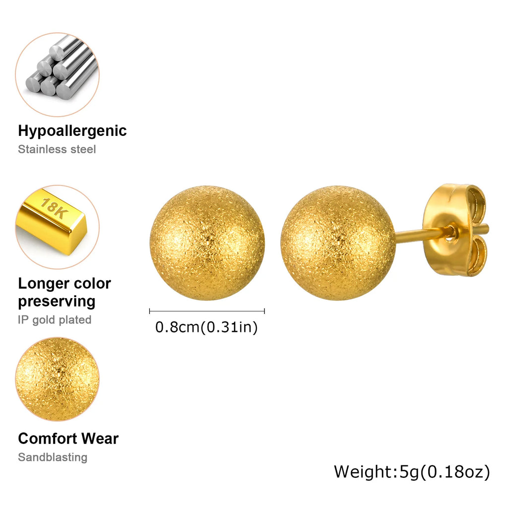 8mm 18K Gold Ball Stud Earrings – Stainless Steel, Nickel-Free Ball Stud Earrings SPOT