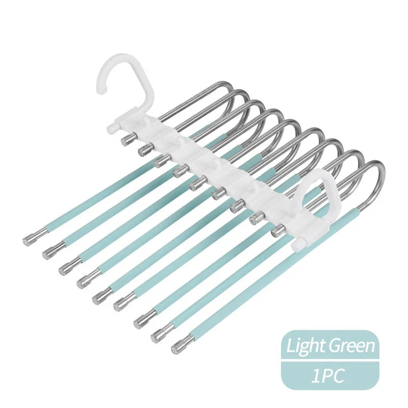 9-Layer Pants Hanger Non-Slip Stainless Steel Space-Saving Rack Pants Hanger Rack SPOT Light Green-1pc
