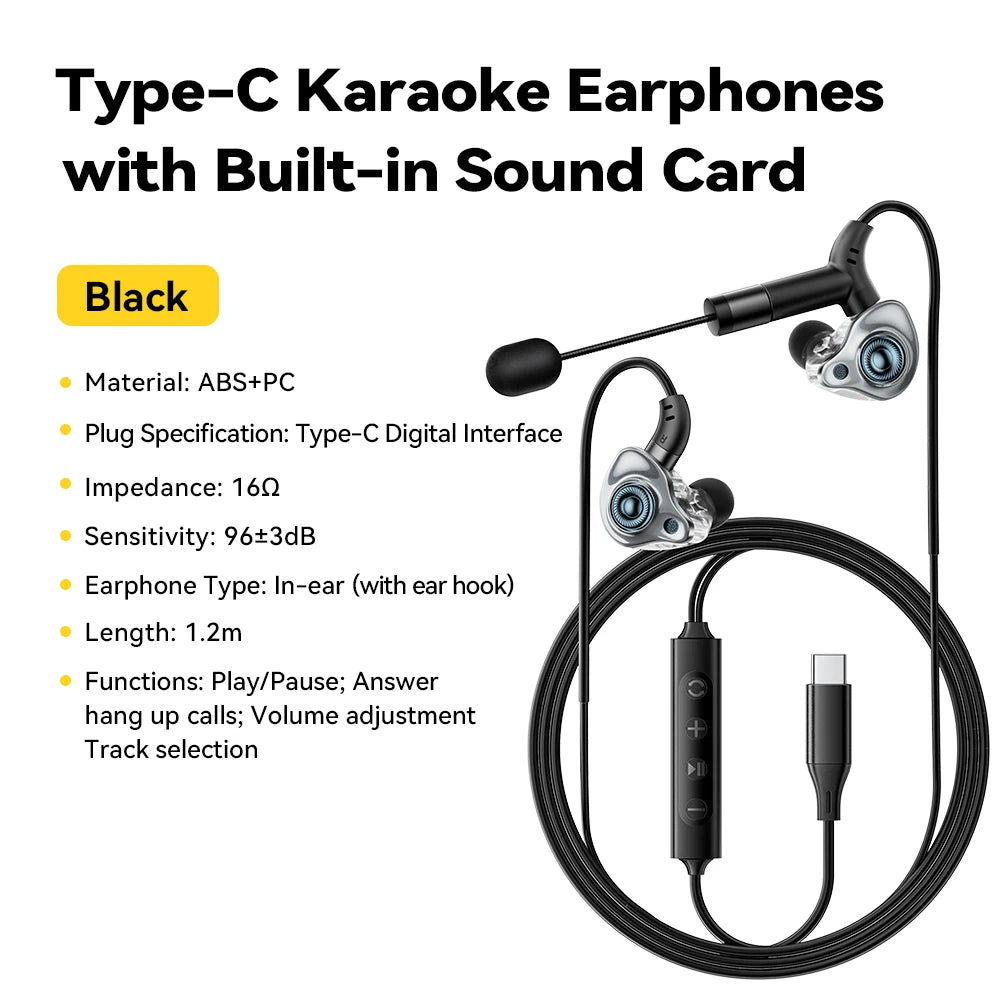 Essager Type-C Karaoke Earphones – HiFi Stereo & Sound Card Wired Karaoke Earphones SPOT Type-C Black