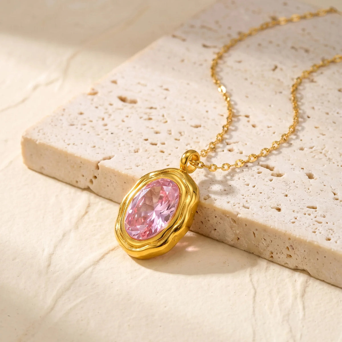 Textured Oval CZ Crystal Necklace – 18K Gold Plated Pendant Pendant Necklace SPOT