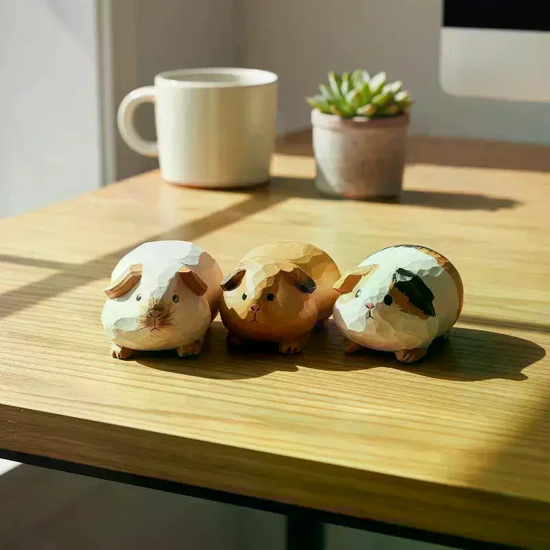 Hand-Carved Wooden Guinea Pig Figurine – Cavy Statue Décor Decorative Figurine SPOT