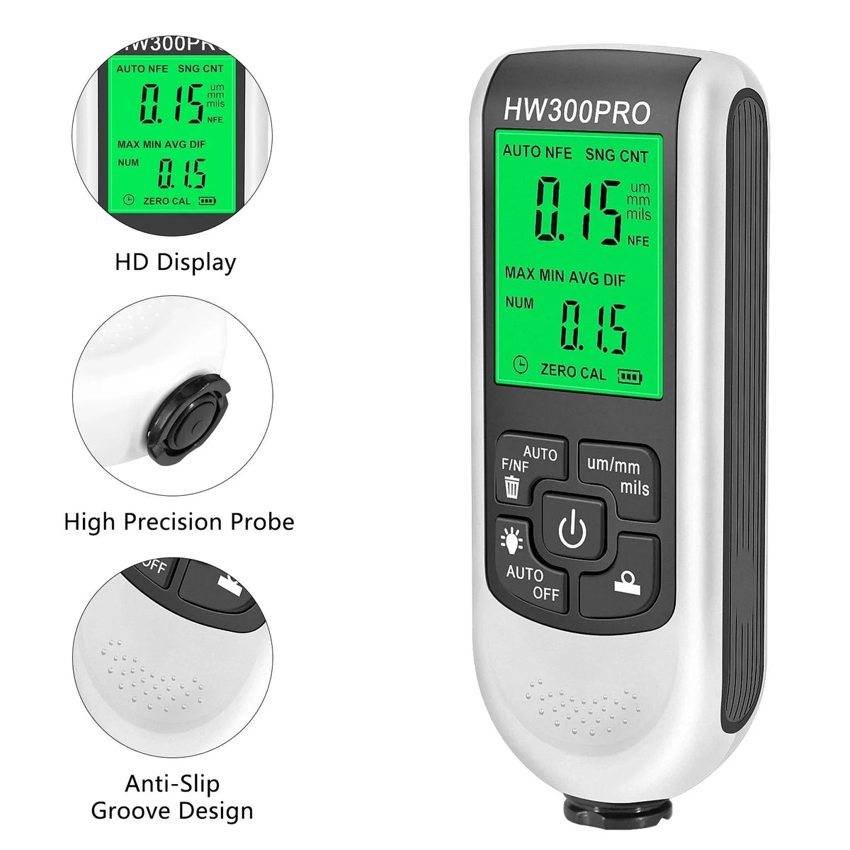 HW-300PRO Car Paint Thickness Gauge 0–2000µm Fe & NFe Paint Thickness Gauge SPOT