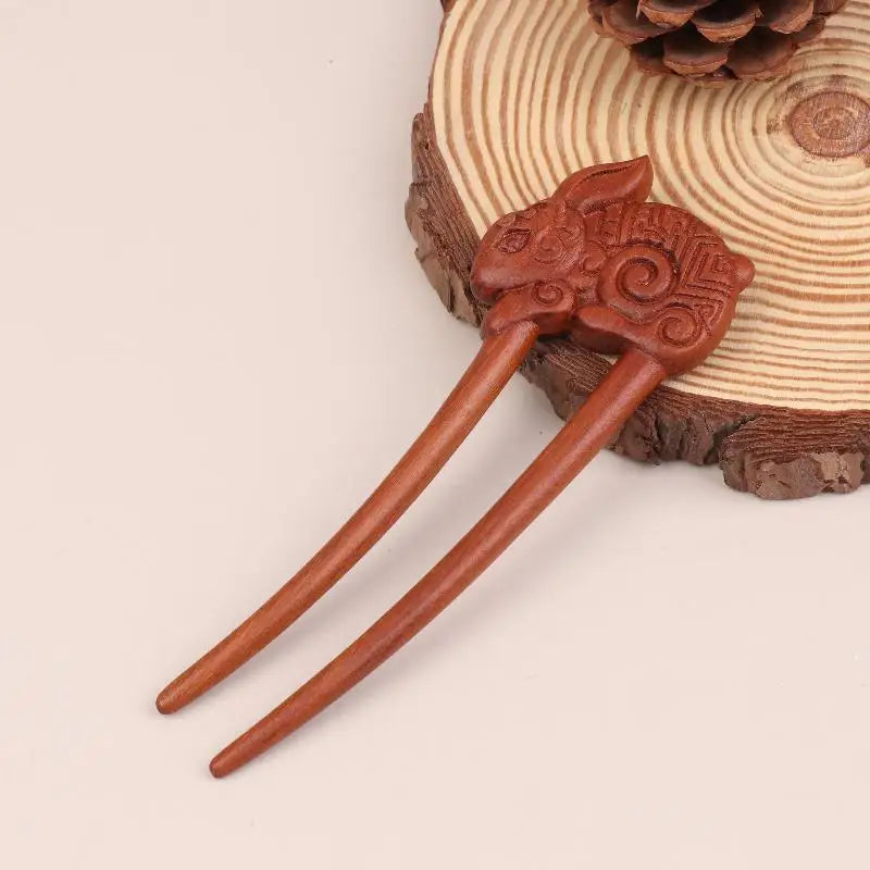 Wooden U-Shape Hair Stick Fork – Cat & Butterfly Chinese Style Wooden Hair Stick SPOT 03