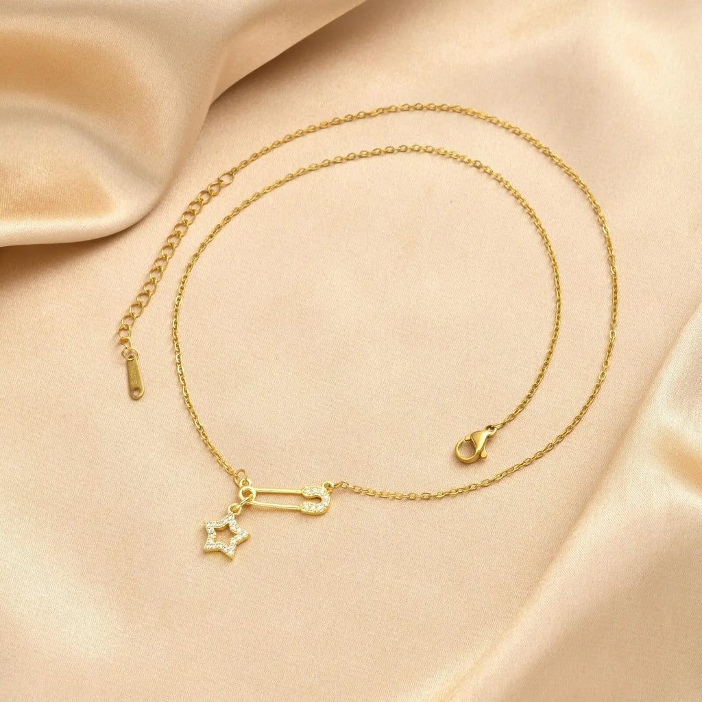 Safety Pin Necklace Pavé CZ Star Moon Sun Charm | Women Pendant Necklace SPOT