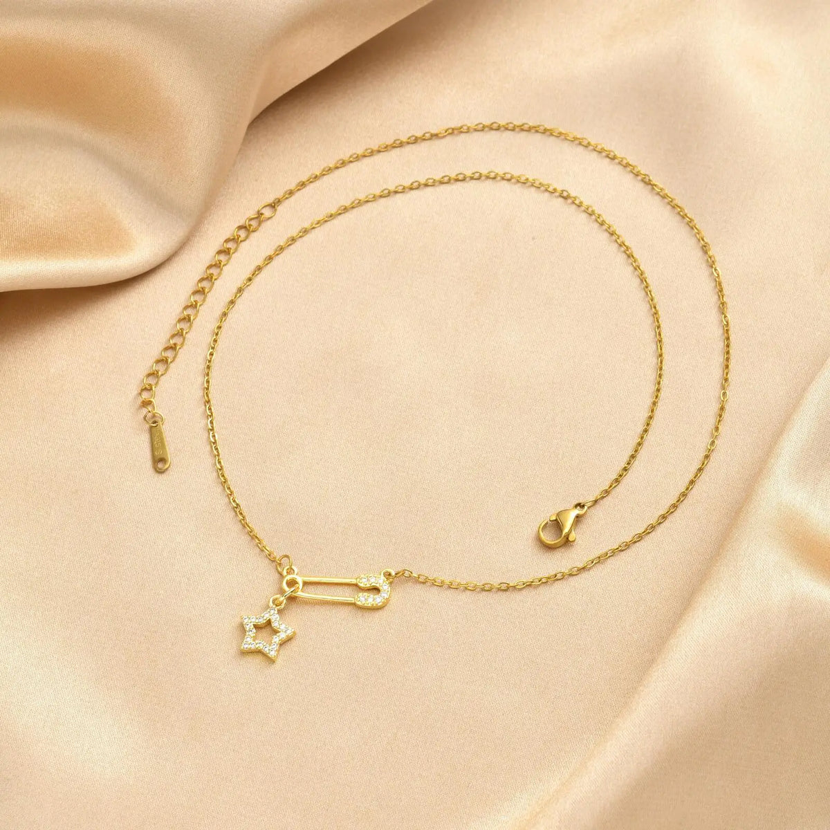 Safety Pin Necklace Pavé CZ Star Moon Sun Charm | Women Pendant Necklace SPOT