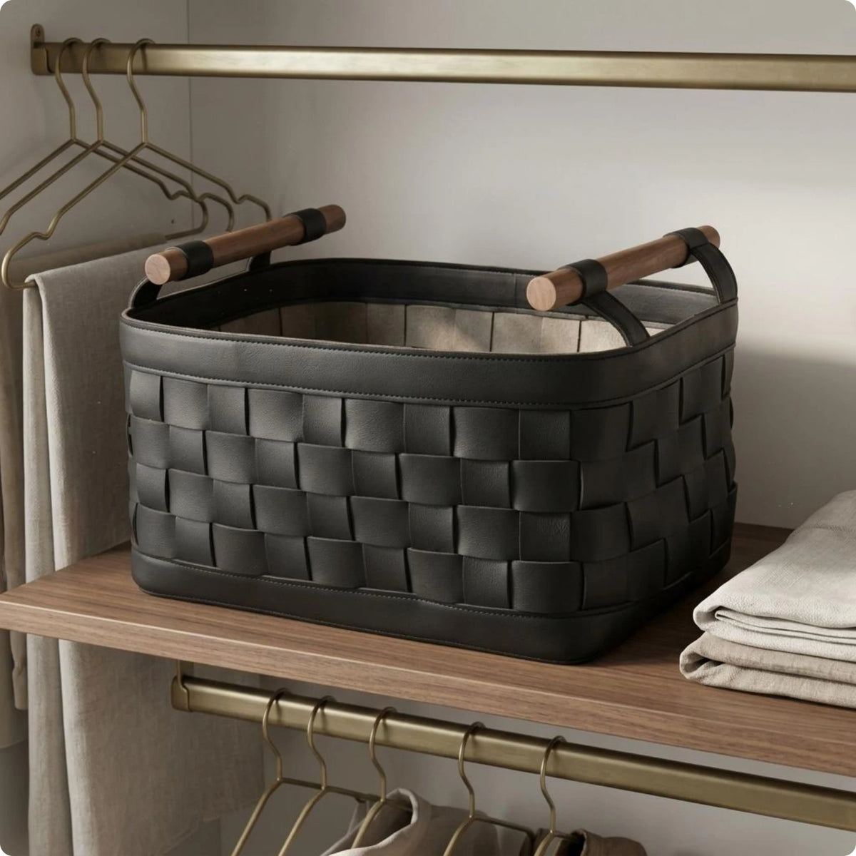 Woven Storage Basket with Wooden Handles & Leather Trim Woven Storage Basket SPOT Black T22b