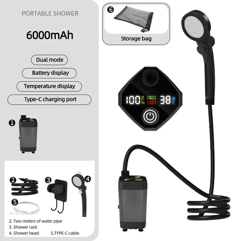 6000mAh Portable Camping Shower – Electric Pump & LED Display Portable Camping Shower SPOT BLACK