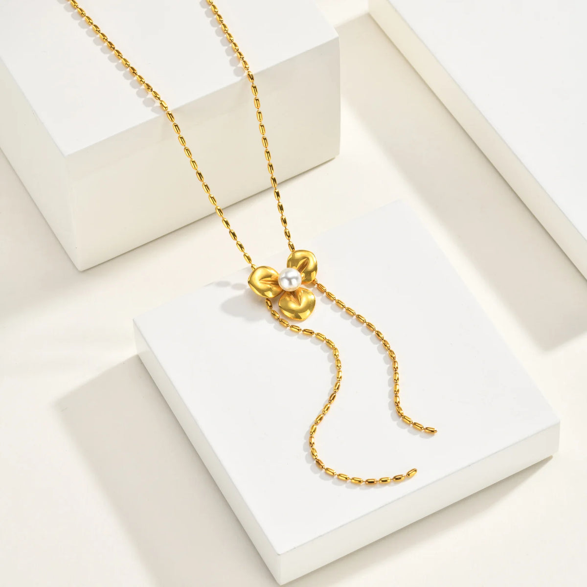 Gold Lariat Y-Necklace – Pearl Flower 316L Stainless Steel Lariat Necklace SPOT