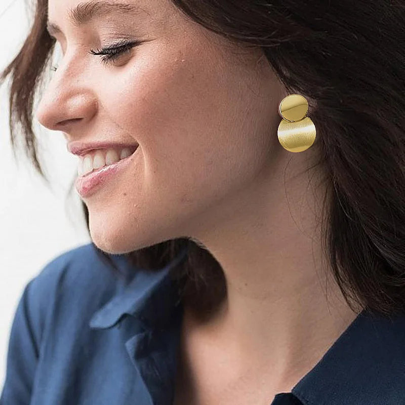 Women's Double Disc Drop Earrings – 14K Gold Plated Steel Drop Earrings SPOT