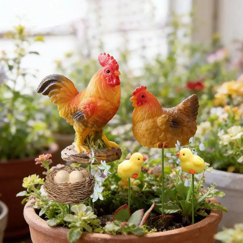 Mini Resin Chicken Figurines Set – Fairy Garden & Bonsai Decor Miniature Figurine Set SPOT