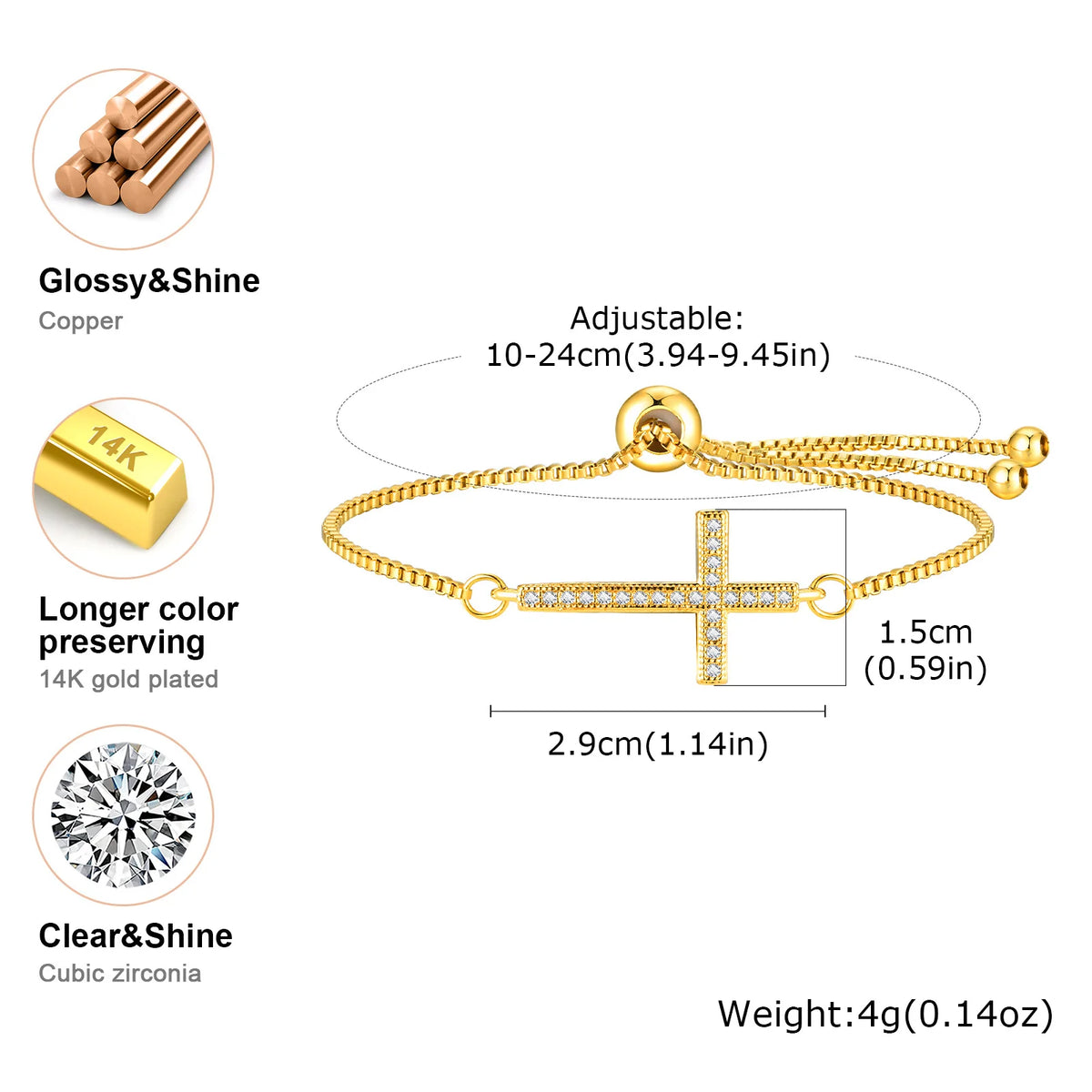 Zircon Sideways Cross Bracelet – Adjustable Gold Chain for Women Cross Chain Bracelet SPOT