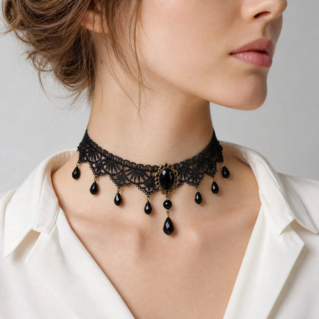 Gothic Black Lace Choker – Teardrop Bead Vintage Collar Necklace Gothic Choker Necklace SPOT