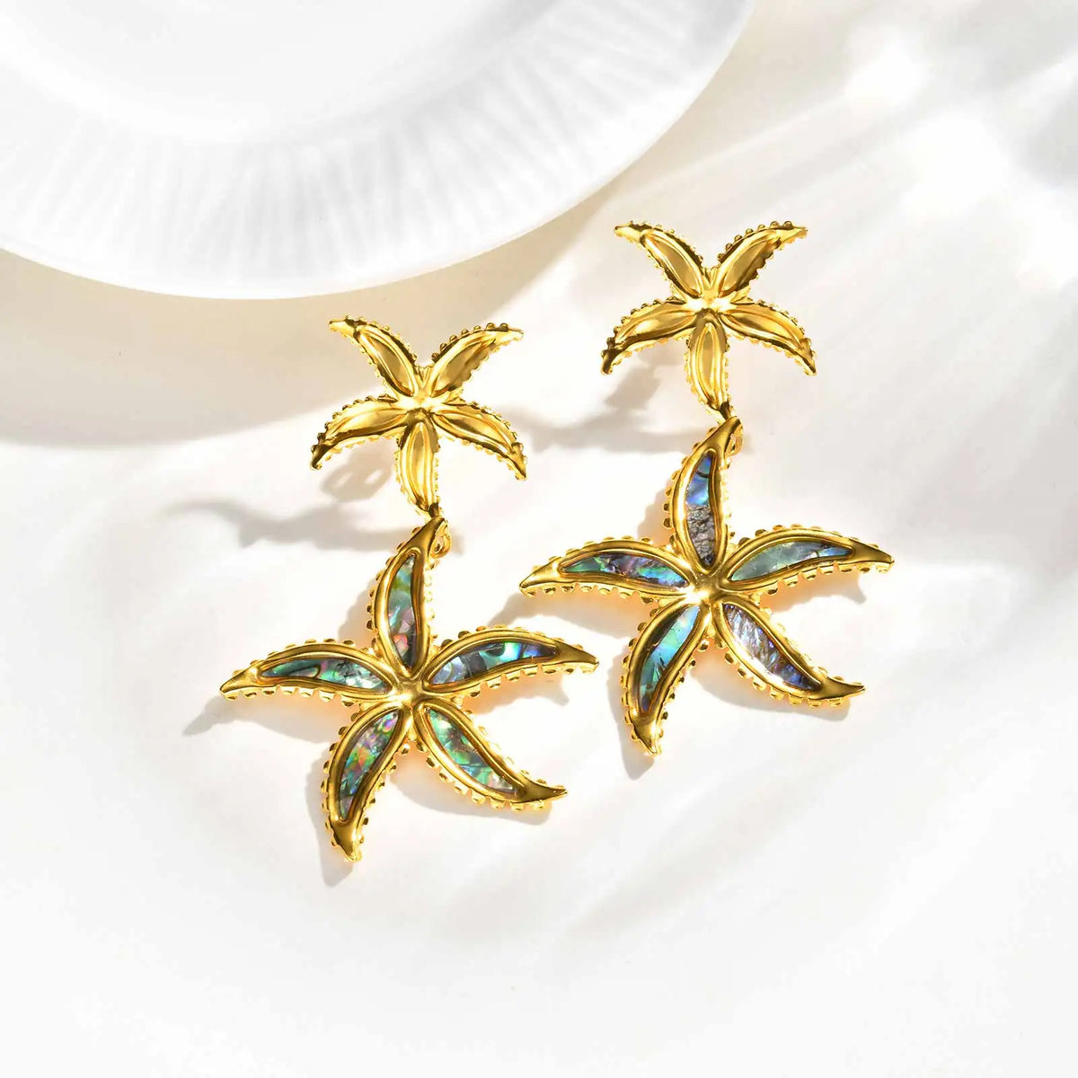 Double Starfish Abalone Shell Drop Earrings | Gold Dangle Drop Dangle Earrings SPOT