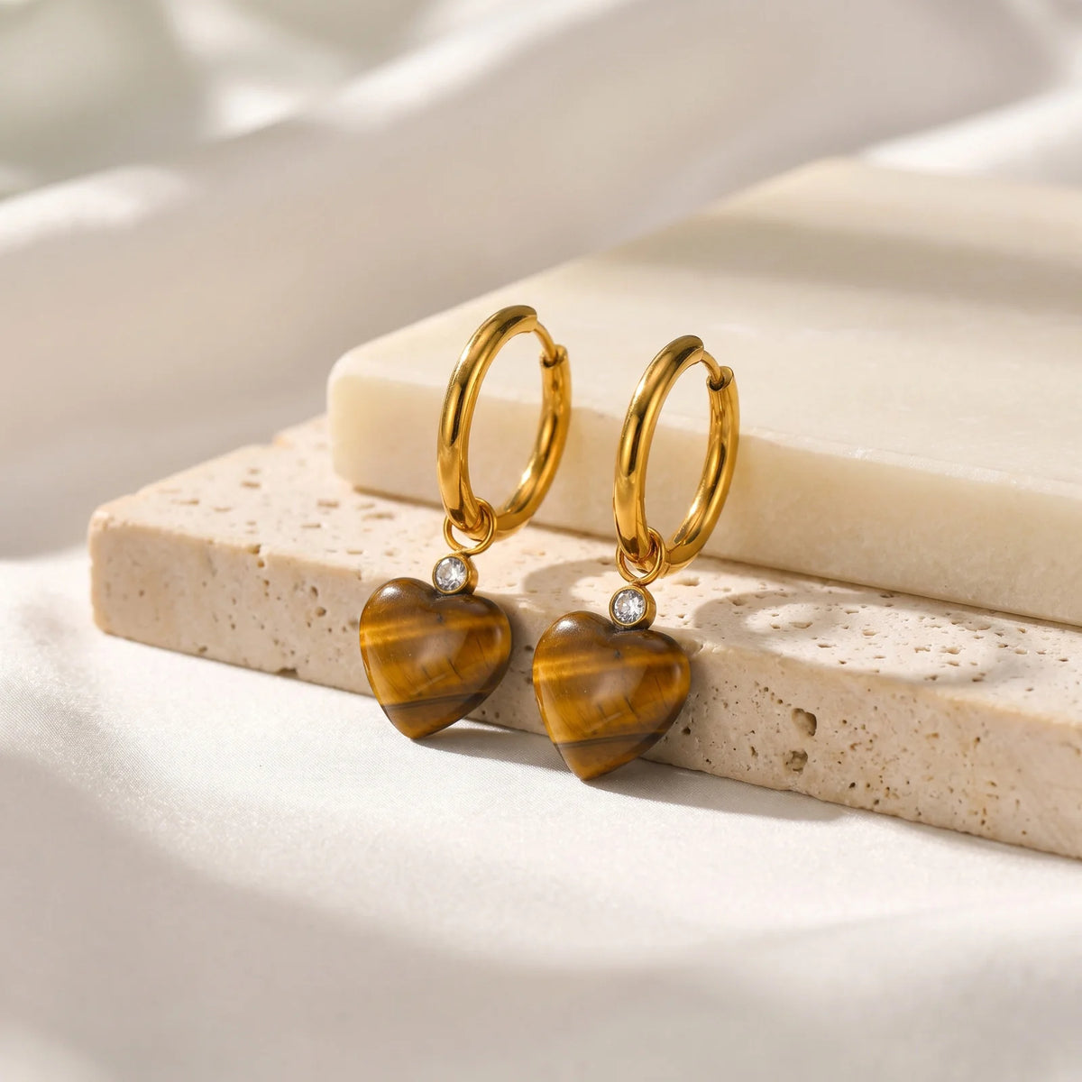 Tiger's Eye Heart Dangle Earrings – 18K Gold Plated CZ Dangle Earrings SPOT
