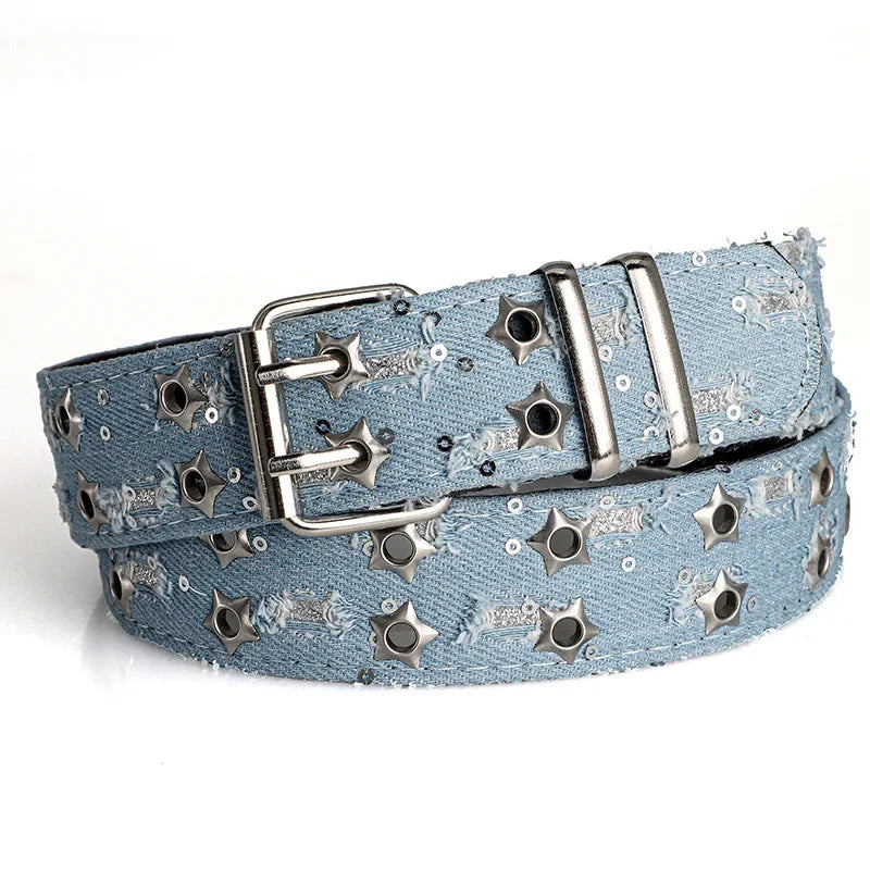 Y2K Star Pin Buckle Belt – Unisex Punk HipHop Jeans Accessory Fashion Belt SPOT LIGHT BLUE 105CM