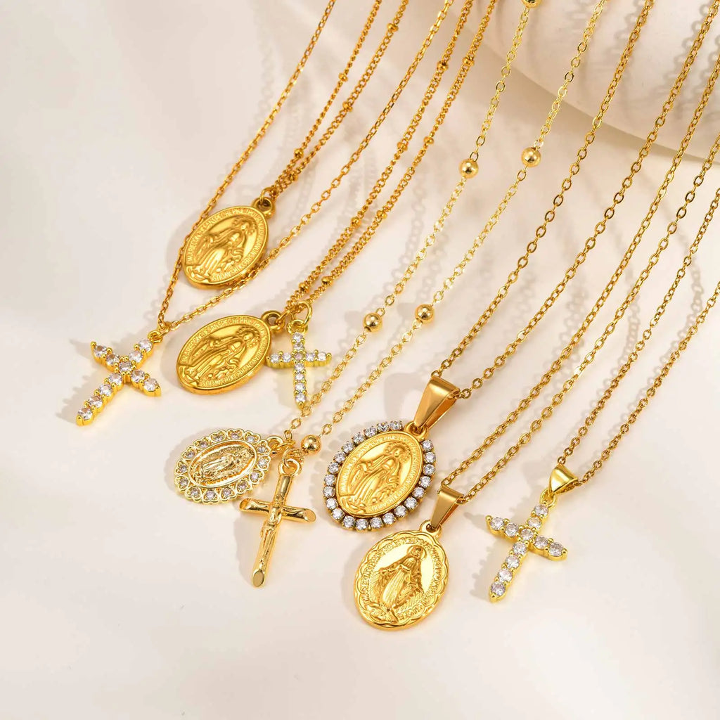 Virgin Mary Zirconia Cross Necklace – Hypoallergenic Gold Gift Pendant Necklace SPOT