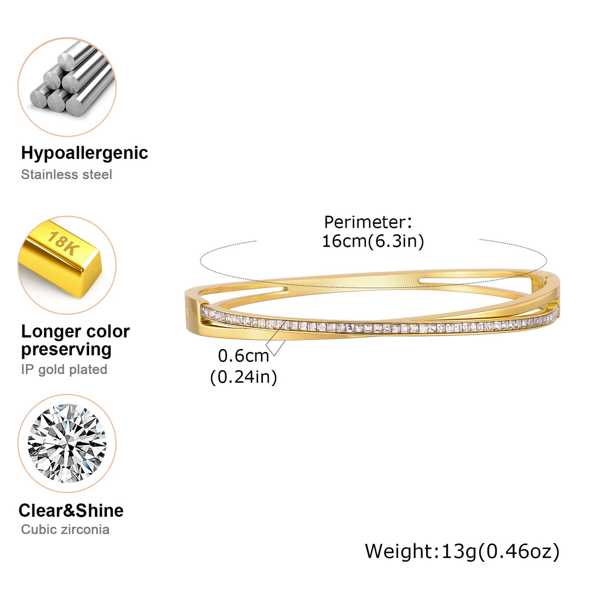 Zircon Crossed Gold Stainless Steel Bangle Bracelet | Women Bangle Bracelet SPOT