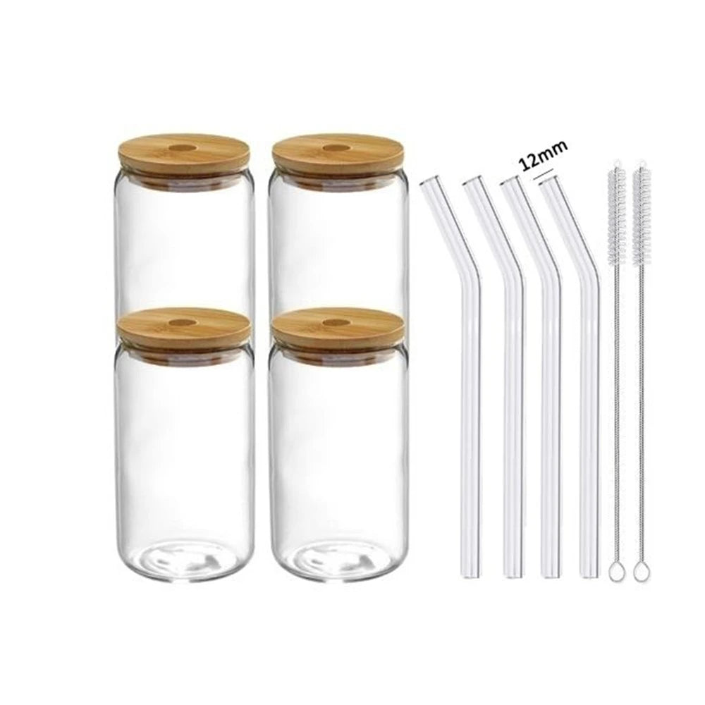 Borosilicate Glass Cups with Lid & Straw – Set of 1/4/6 Glass Drinkware Set SPOT 4pcs 350ml