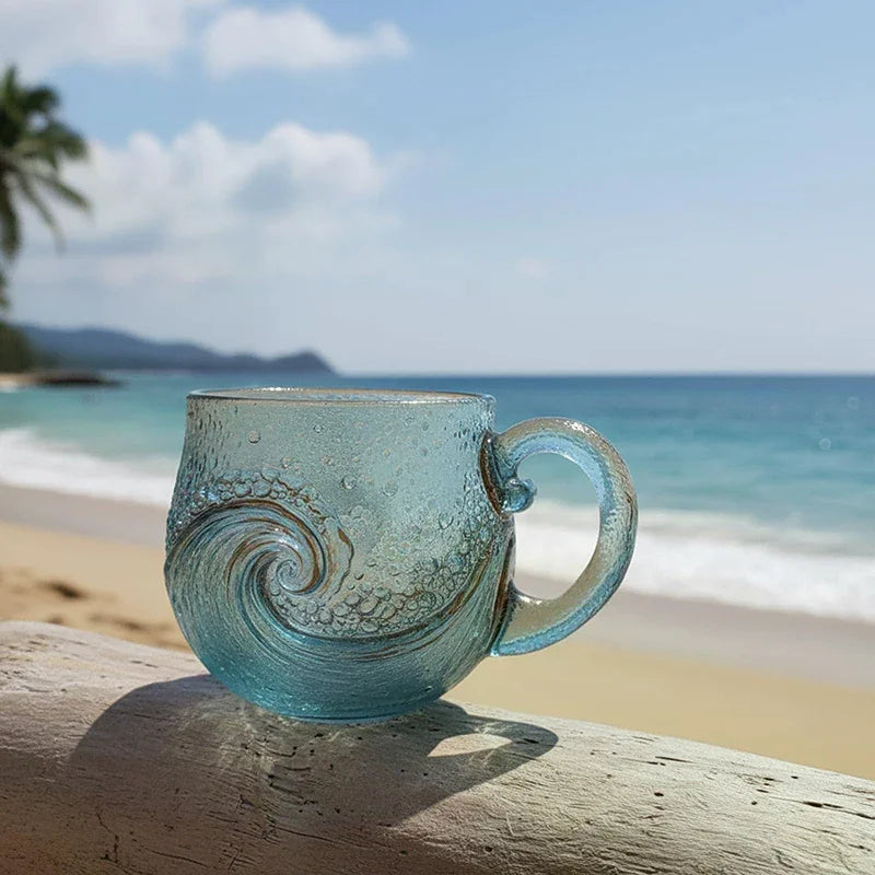 Sea Glass Wave Mug 12 oz – Handblown Ocean Wave Glass Cup Glass Mug SPOT