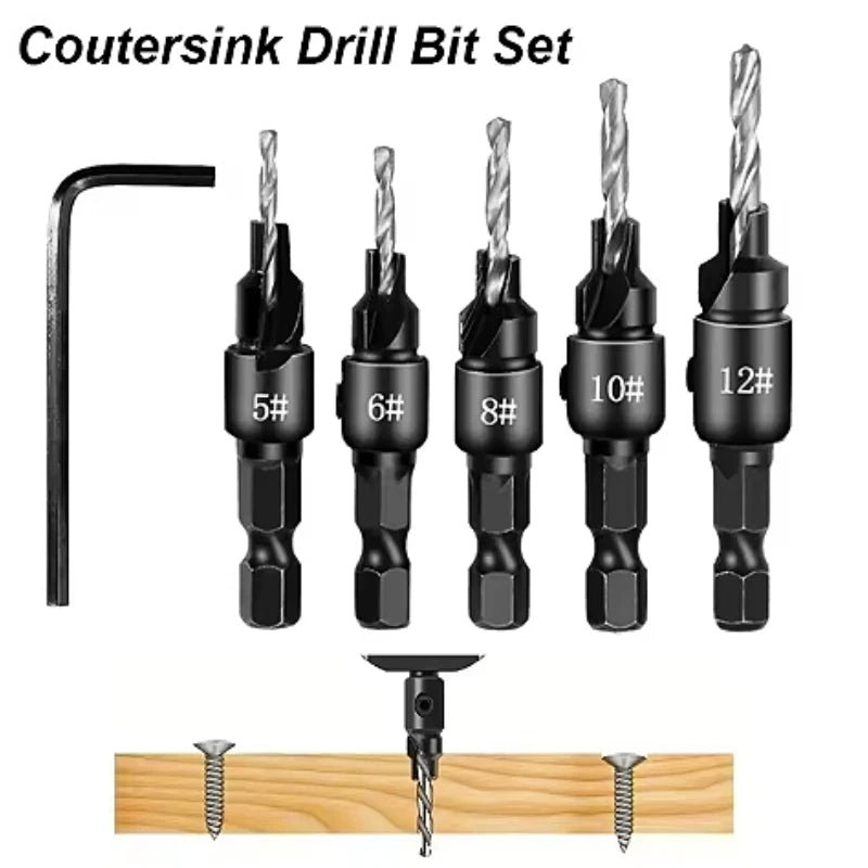 5-Piece Countersink Drill Bit Set for Wood – #5 to #12 Countersink Drill Bit Set SPOT