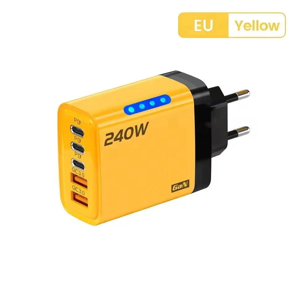 5-in-1 GaN Desktop Charger 240W – 3 USB-C & 2 USB-A Ports GaN Desktop Charger SPOT EU Yellow