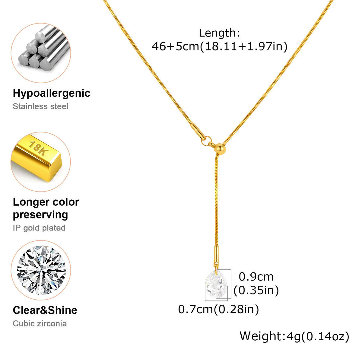 18K Gold Lariat Y-Necklace with Teardrop CZ – Women's Jewelry Lariat Pendant Necklace SPOT
