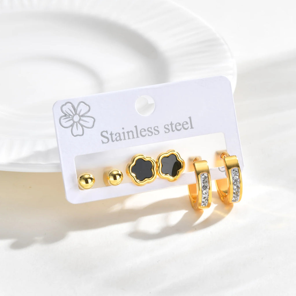 Gold Plated Black Flower Stud & CZ Hoop Earrings Set for Women Earrings Set SPOT