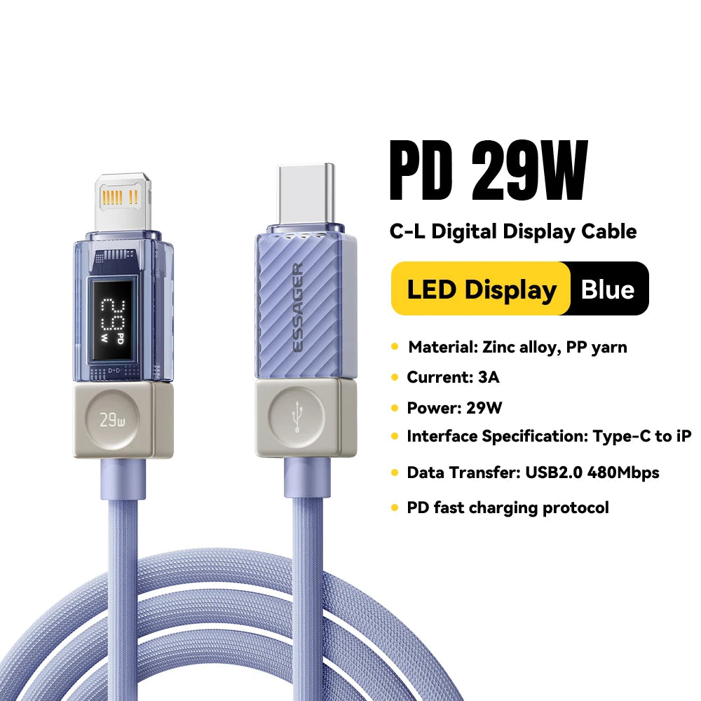 Essager USB-C to Lightning Cable – 29W PD Fast Charge & Display USB Charging Cable SPOT 29W Blue 1m