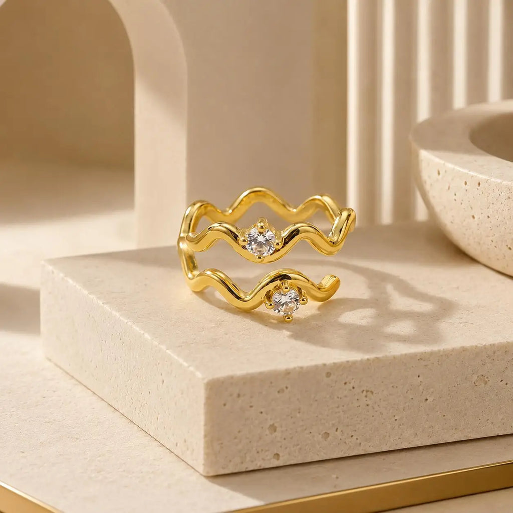 Hollow Wave Zirconia Adjustable Ring – 18K Gold Plated | Meaeguet Cocktail Ring SPOT