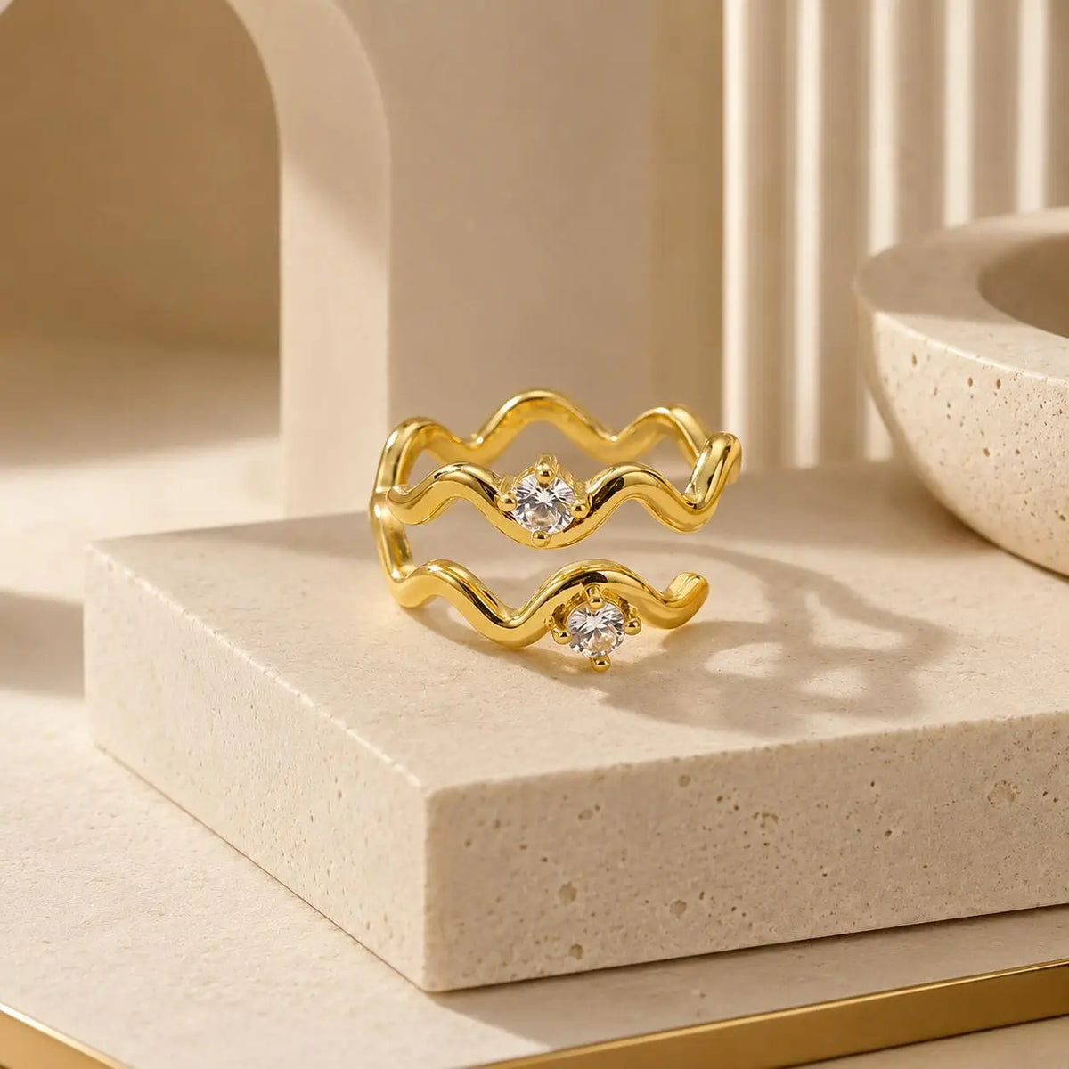 Hollow Wave Zirconia Adjustable Ring – 18K Gold Plated | Meaeguet Cocktail Ring SPOT