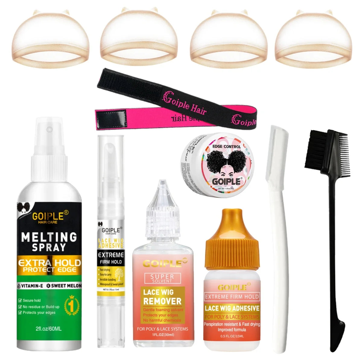 GOIPLE Wig Kit – Melting Spray, Edge Gel & Lace Remover Set Wig Styling Kit SPOT 60melt-5-30-15ml-30g