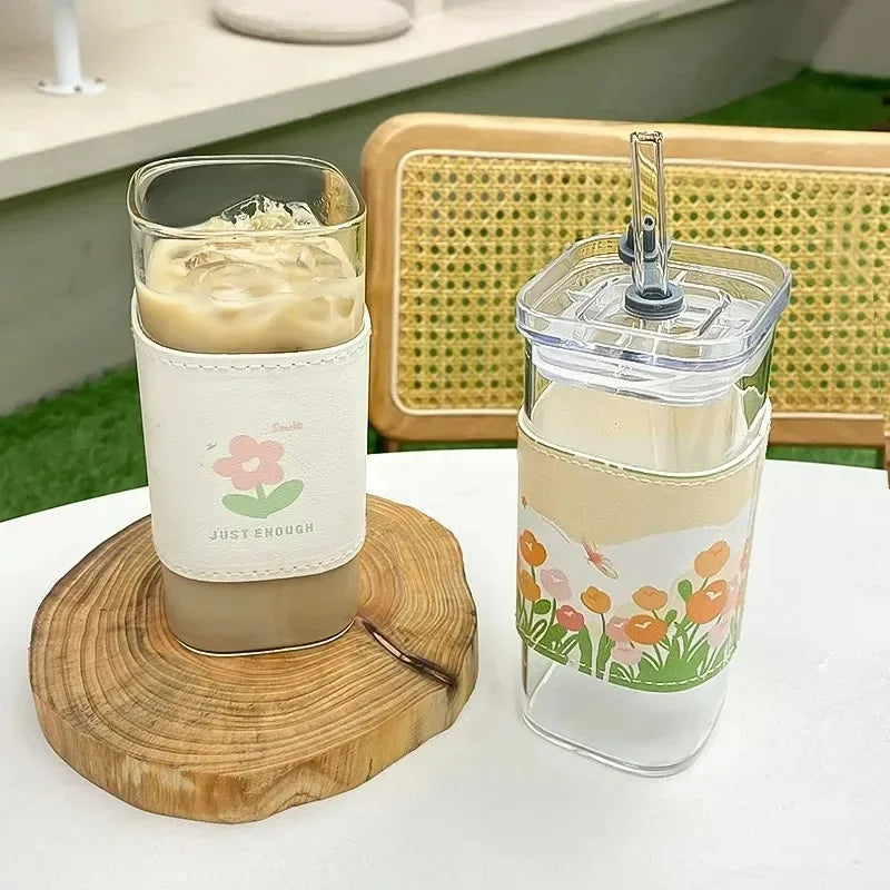 Square Glass Cup with Lid & Straw – 400ml Heat-Resistant Mug Glass Coffee Mug SPOT