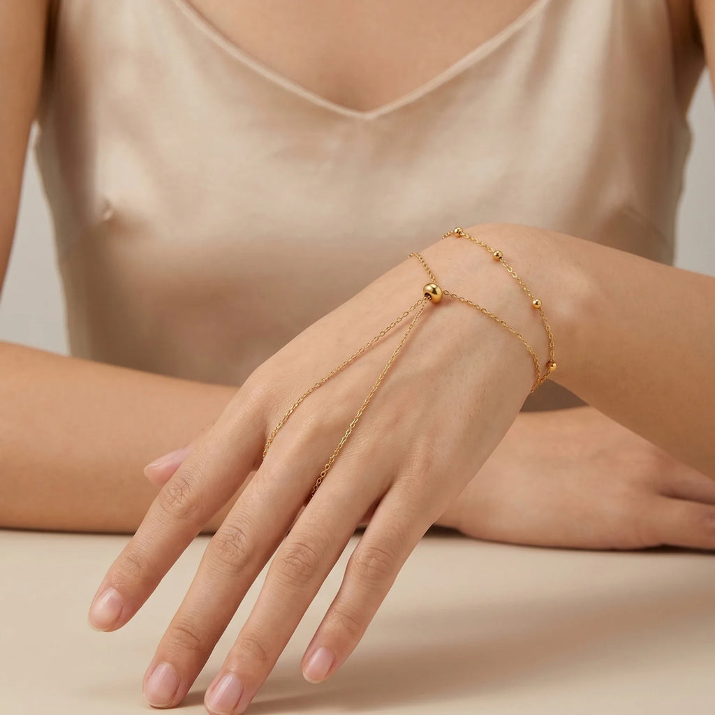 Layered Hand Chain Ring Bracelet – Lapis Lazuli & Turquoise Gold Chain Link Bracelet SPOT